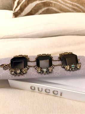 Rare Gucci Resin Oversized Black and Gold Crystal Statement Bracelet
